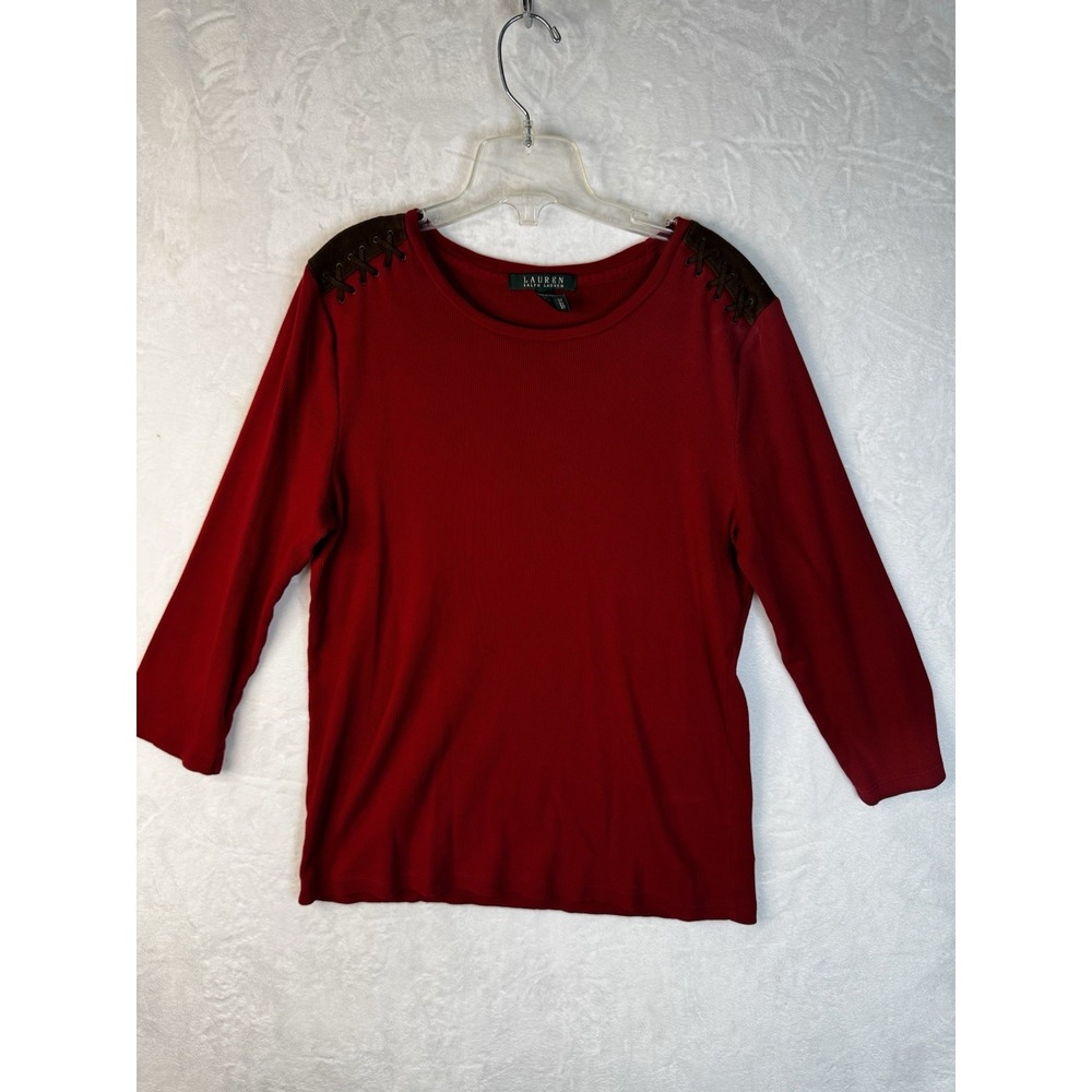 Ralph Lauren Sz XL Red Ribbed Faux Suede 3/4 Sleeve Blouse Shirt Top Office
